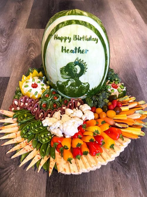 Happy Birthday carved watermelon with hatching dragon motif